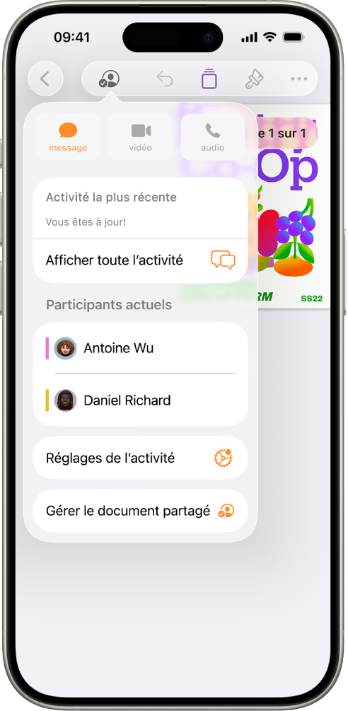 Le menu de collaboration affiche les noms des personnes collaborant au document.
