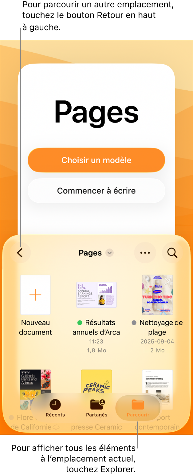 La présentation de navigation du gestionnaire de documents avec le bouton Retour dans le coin supérieur gauche, au-dessus d’un champ de recherche. Sous le champ de recherche se trouve un bouton Nouveau document à côté des vignettes de documents existants. Dans le coin supérieur droit se trouvent les boutons Ajouter un document et Plus. Au bas de l’écran se trouvent les boutons Récents, Partagé et Parcourir.