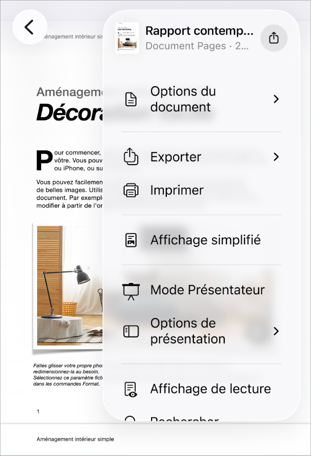 Le menu Partager s’affiche, avec les options d’envoi dans le haut et les options Copier, Exporter et envoyer, Imprimer, Nouvelle note rapide, Ajouter des étiquettes et Enregistrer dans Fichiers dans le bas.