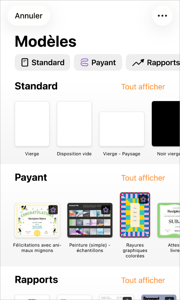 Le sélecteur de modèles affiche en haut une rangée de catégories que vous pouvez toucher pour filtrer les options. En dessous, des vignettes de modèles prédéfinis sont disposées en rangées par catégorie, en commençant en haut par Nouveau, suivi de Récents et de Standard. Un bouton « Voir tout » apparaît au-dessus et à droite de la ligne de chacune des catégories. Le bouton Langue et région se trouve dans le coin supérieur droit.