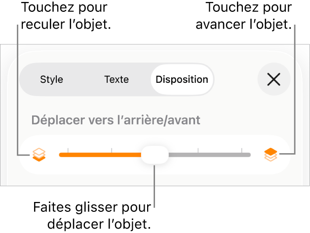 Le bouton de déplacement vers l’arrière, le bouton de déplacement vers l’avant et le curseur de superposition.