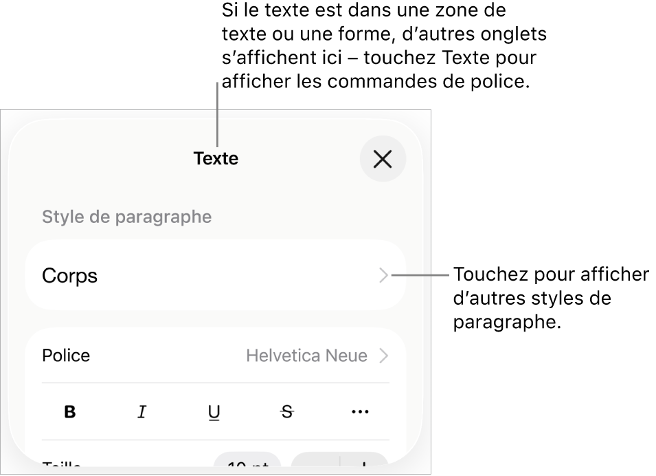 Menu Format avec commandes de texte permettant de définir les styles, la police, la taille et la couleur des paragraphes et des caractères.