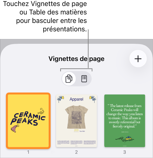 Présentation en vignettes de page avec la vignette de chaque page. Les boutons Vignettes de page et Table des matières se trouvent au bas de l’écran.