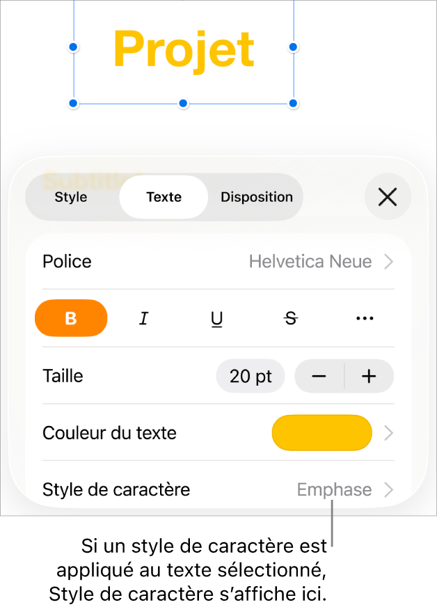 Commandes de mise en forme du texte avec Style de caractère sous les commandes de couleur. Style de caractère Aucun affiché avec un astérisque.