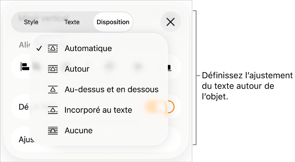Les commandes « Ajuster au texte » avec les réglages Automatique, Autour, Au-dessus et en dessous, Incorporé au texte et Aucun.