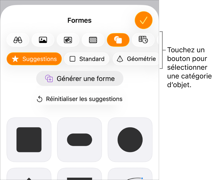 Commandes d’ajout d’objet, avec des boutons en haut pour sélectionner des tableaux, des graphiques, des formes (notamment des lignes et zones de texte) et du contenu multimédia.