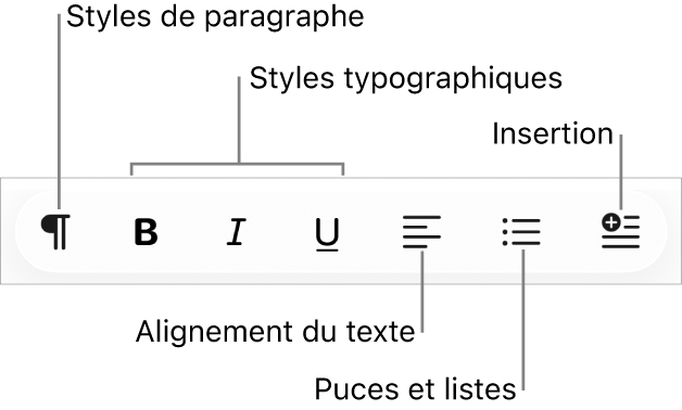 La barre des formats rapides qui présente des icônes pour les styles de paragraphes, les styles de caractères, l’alignement du texte, les puces et les listes ainsi que l’insertion d’éléments.