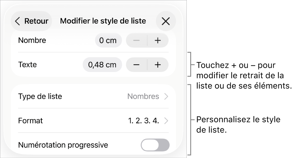 Menu Modifier le style de liste avec les commandes pour le retrait, le type et le format de liste, la numérotation progressive, et l’espacement des lignes.
