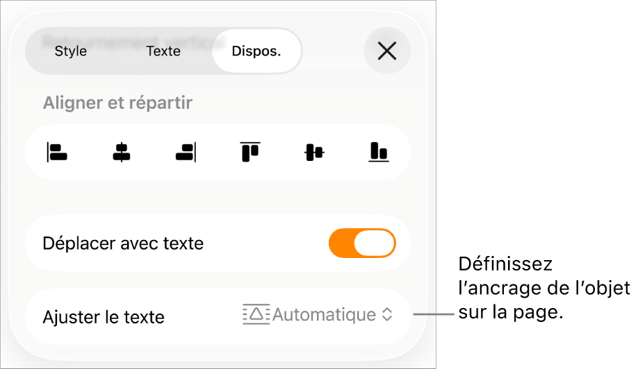 Les commandes Disposition avec les options « Déplacer avec texte » et « Ajuster le texte ».