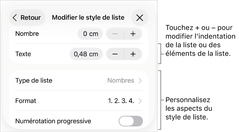 Le menu « Modifier le style de liste » avec des commandes d’espacement de l’indentation, de type et de format de liste, de numérotation progressive et d’espacement entre les lignes.