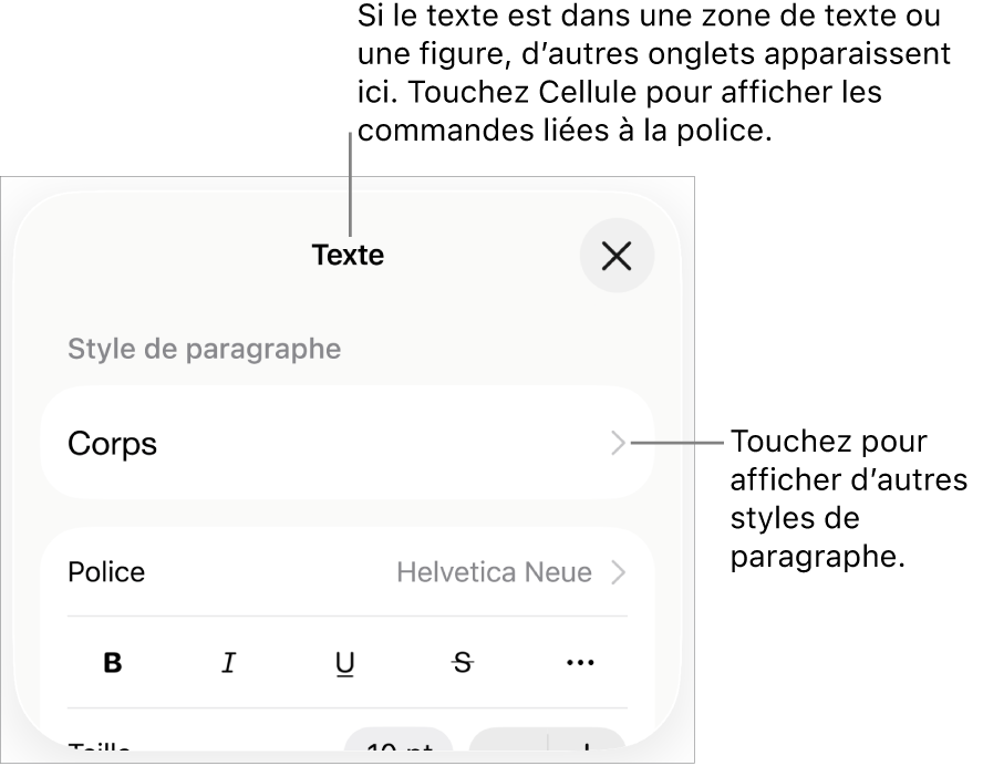 Menu Format montrant les commandes de texte permettant de définir les styles, la police, la taille et la couleur des paragraphes et des caractères.