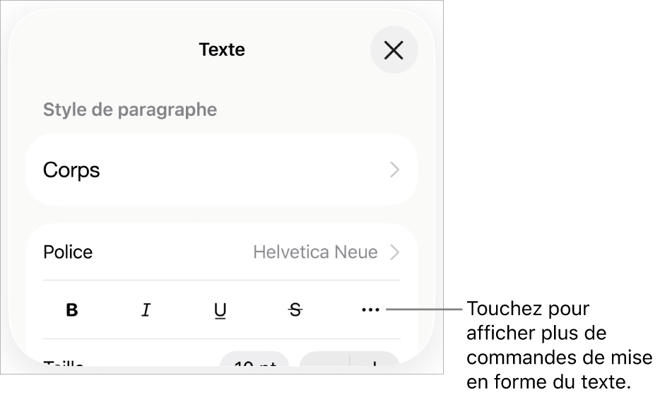 L’onglet Texte des commandes Format, avec une légende vers le bouton « Plus d’options de texte ».