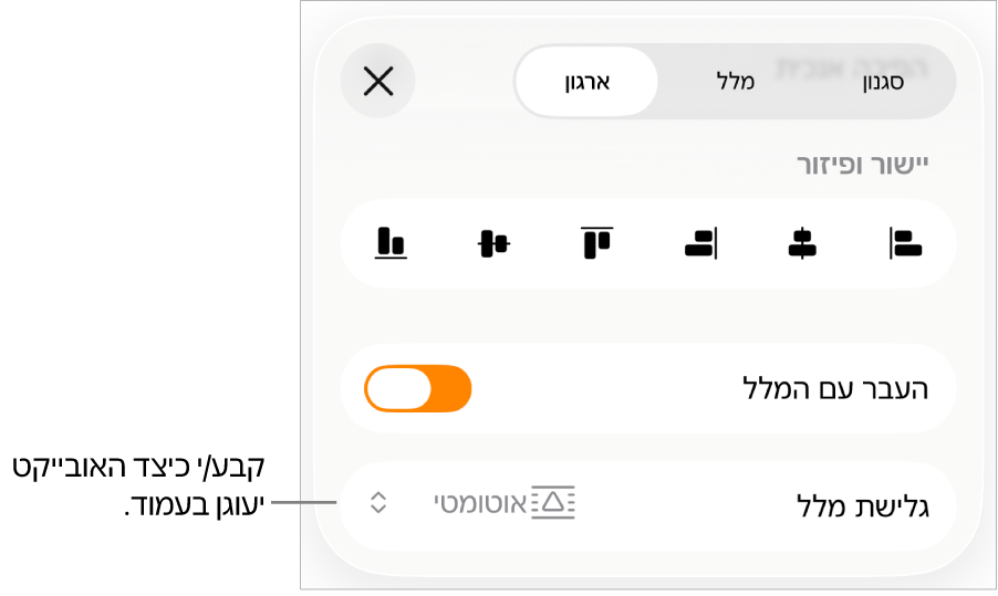 כלי הבקרה של ״ארגן״ עם ״העבר עם המלל״ ו״גלישת מלל״.