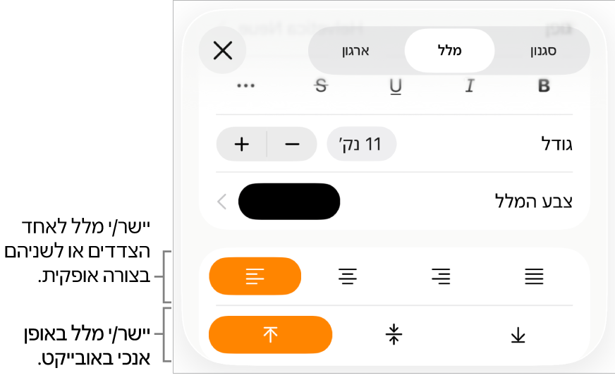 החלונית ״פריסה״ עם הסברים לכפתורי יישור וריווח של מלל.