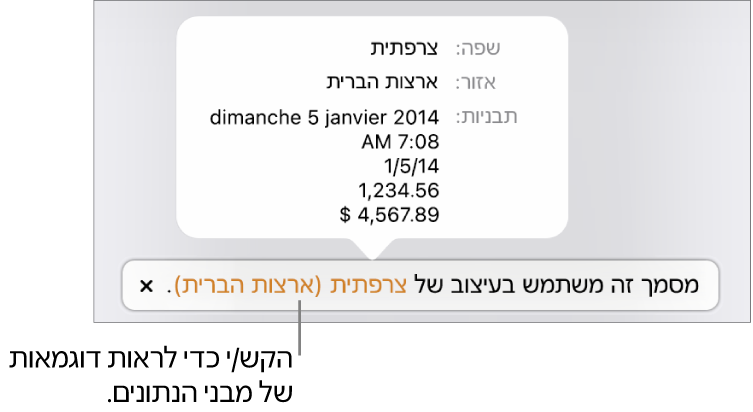 ההודעה לגבי הגדרת השפה והעיצוב השונים, עם דוגמאות של העיצוב בשפה זו ובאזור זה.