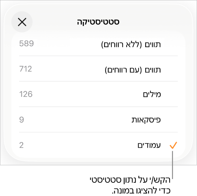 תפריט ״סטטיסטיקה״ הכולל אפשרויות להצגת מספר התווים עם וללא Spaces, ספירת מילים, ספירת פסקאות וספירת Pages.