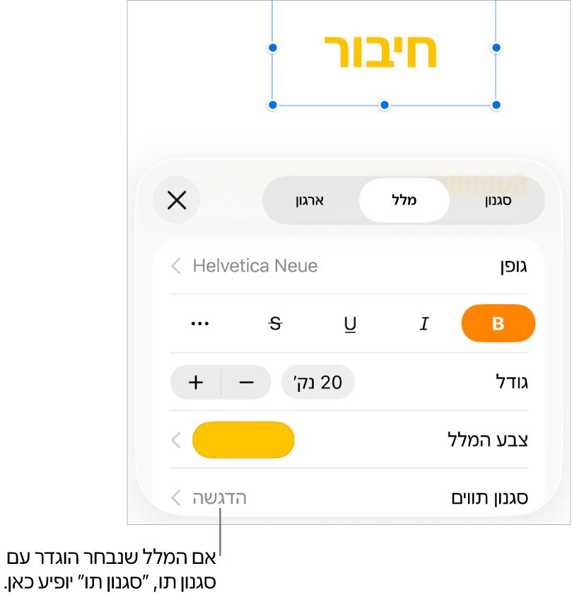 כלי הבקרה לעיצוב מלל עם ״סגנון תווים״ מתחת לכלי הבקרה של צבעים. סגנון התווים ״ללא״ מופיע עם כוכבית.