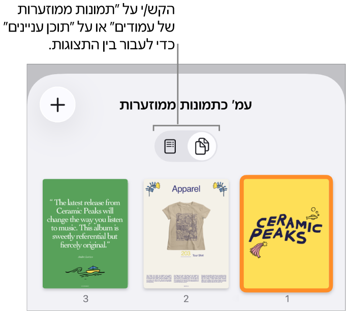 התצוגה ״תמונות ממוזערות של עמודים״ עם תמונות ממוזערות של כל עמוד. בתחתית המסך נמצאים הכפתורים ״תמונות ממוזערות של עמודים״ ו״תוכן העניינים״.