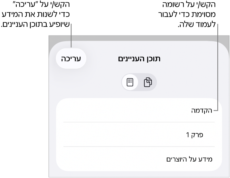 תצוגת תוכן העניינים עם רשימת כותרות. כפתור ״ערוך״ נמצא בפינה הימנית העליונה ובתחתית המסך נמצאים הכפתורים ״תמונות ממוזערות של עמודים״ ו״תוכן העניינים״.