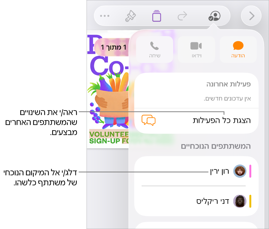 תפריט ״שיתוף פעולה״ שרואים בו משתתפים פעילים כעת.