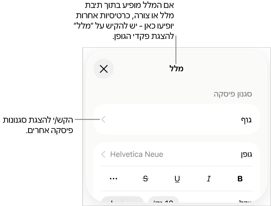 תפריט ״עיצוב״ עם כלי בקרה של מלל להגדרת סגנונות, גופן, גודל וצבע עבור פיסקאות ותווים.