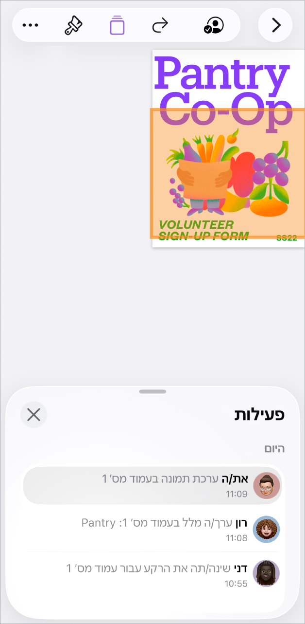 תפריט ״שיתוף פעולה״ שרואים בו משתתפים פעילים כעת.