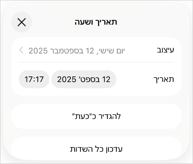 כלי הבקרה של ״תאריך ושעה״ עם תפריט קופצני של מבנה התאריך ועם הכפתורים ״קבע להיום״ ו״עדכן את כל השדות״.