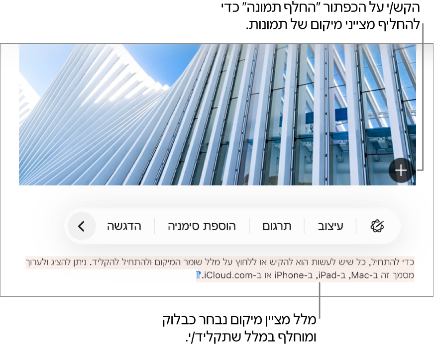מצייני מיקום עבור מלל ותמונות.