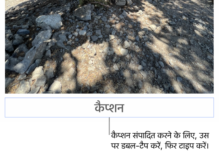प्लेसहोल्डर कैप्शन, “कैप्शन” तस्वीर के नीचे दिखाई देता है; यह चयनित है दिखाने के लिए कैप्शन फ़ील्ड के चारों तरफ़ एक नीली आउटलाइन दिखाई देती है।
