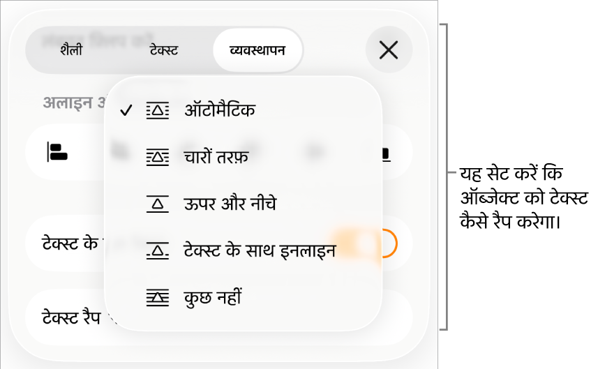 “टेक्स्ट रैप” कंट्रोल जिसमें “ऑटोमैटिक”, “चारों ओर”, “ऊपर और नीचे”, “टेक्स्ट के साथ इनलाइन” तथा “कोई नहीं” के लिए सेटिंग हैं।