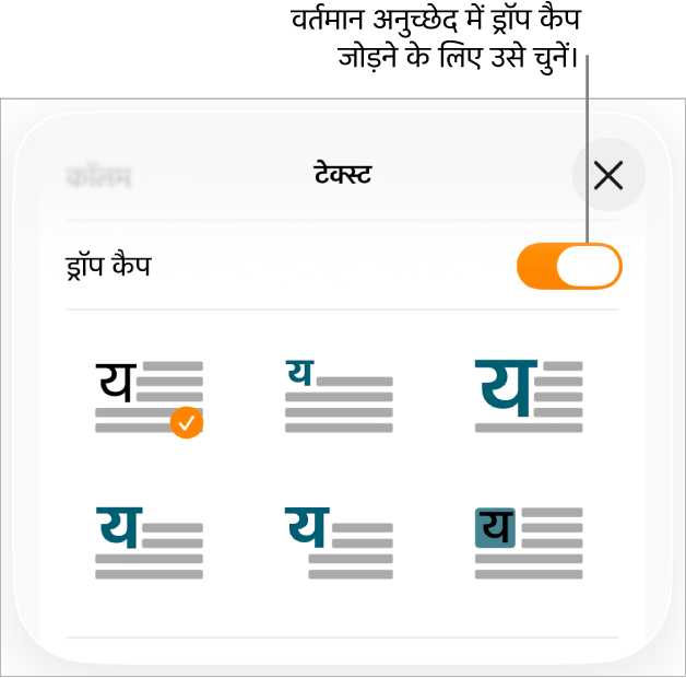 ड्रॉप कैप नियंत्रण टेक्स्ट मेनू के नीचे होते हैं।