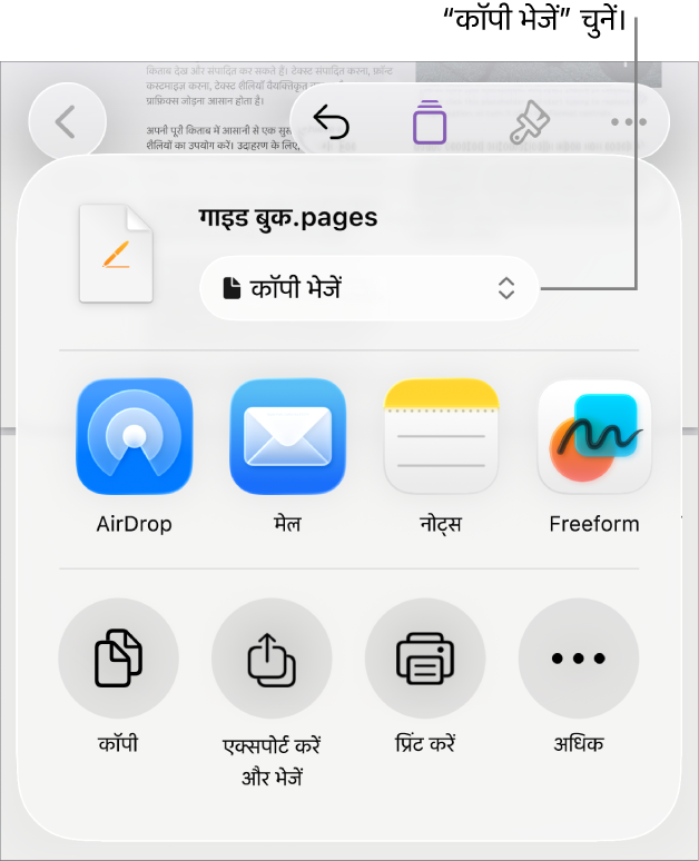 “शेयर करें” मेनू जिसके शीर्ष पर “कॉपी भेजें” चुना गया है।