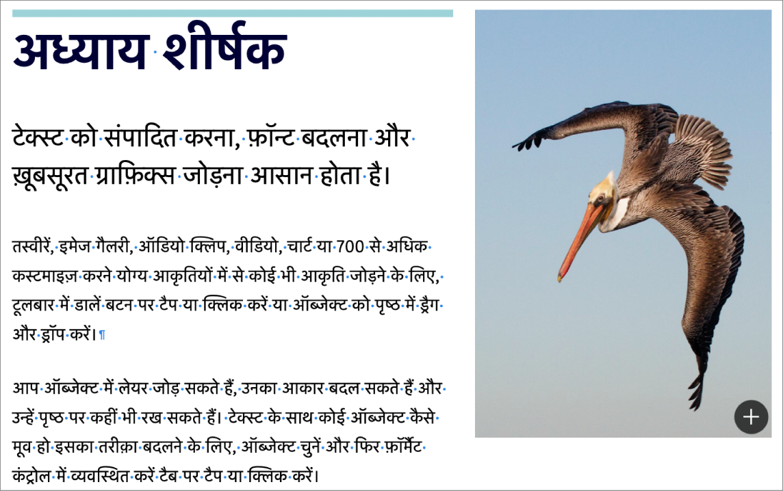 अनुच्छेद विराम और सेक्शन विराम के लिए चिह्न दिखाने वाला टेक्स्ट।