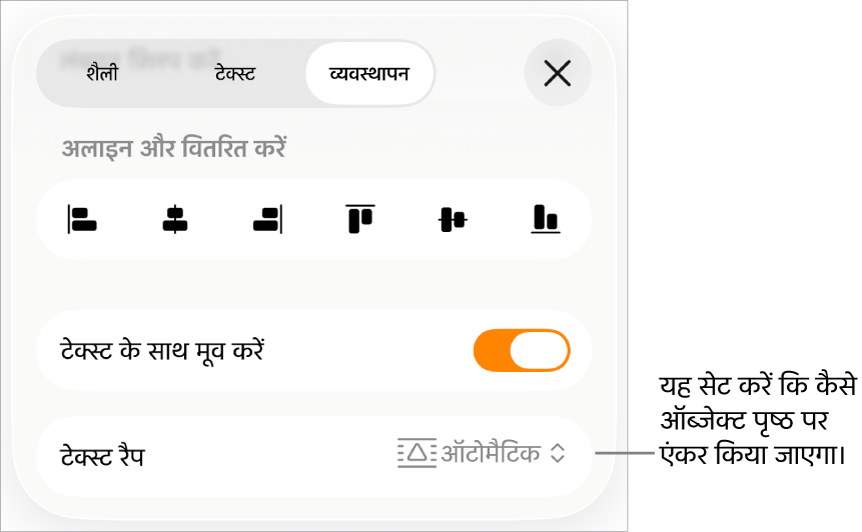 “टेक्स्ट के साथ मूव करें” और “टेक्स्ट रैप करें” के साथ “व्यवस्थित करें” नियंत्रण।