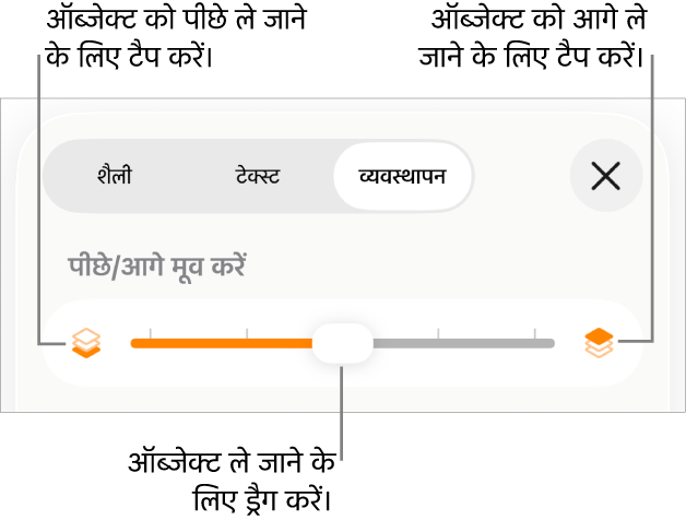 “पीछे मूव करें” बटन, “आगे मूव करें” बटन और लेयर स्लाइडर।