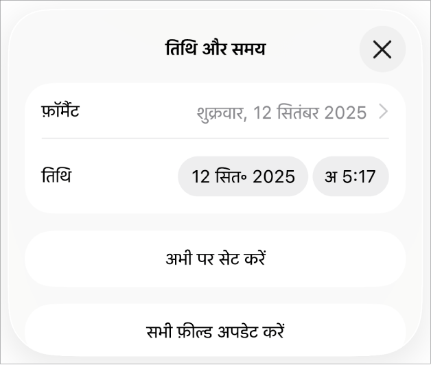 तिथि और समय नियंत्रण, जो तिथि फ़ॉर्मैट के लिए पॉप-अप मेनू और “आज पर सेट” बटन तथा “सभी फ़ील्ड अपडेट करें” बटन दिखा रहे हैं।