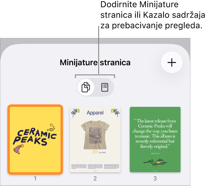 Prikaz minijatura stranica s minijaturnom slikom svake stranice. Tipka Minijature stranica i tipka Kazalo sadržaja na dnu zaslona.