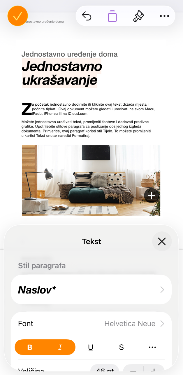 U otvorenom dokumentu tekst je odabran i opcije teksta prikazane su pri dnu.