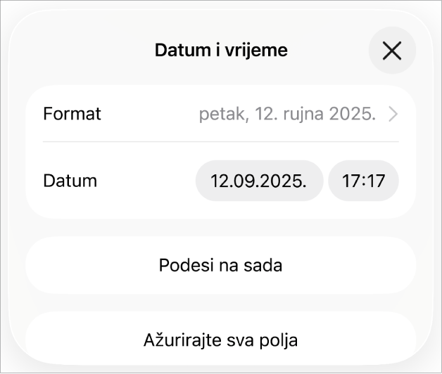 Kontrole za Datum i vrijeme koje prikazuju skočni izbornik za format datuma i tipku Podesi na sada i tipku Ažuriraj sva polja.
