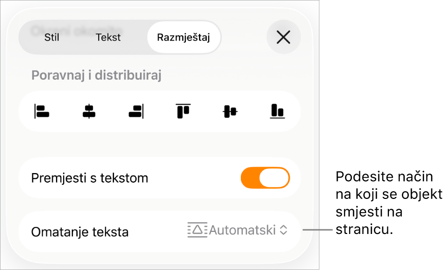 Kontrole Razmjesti s Pomiči uz tekst i Omatanje teksta.