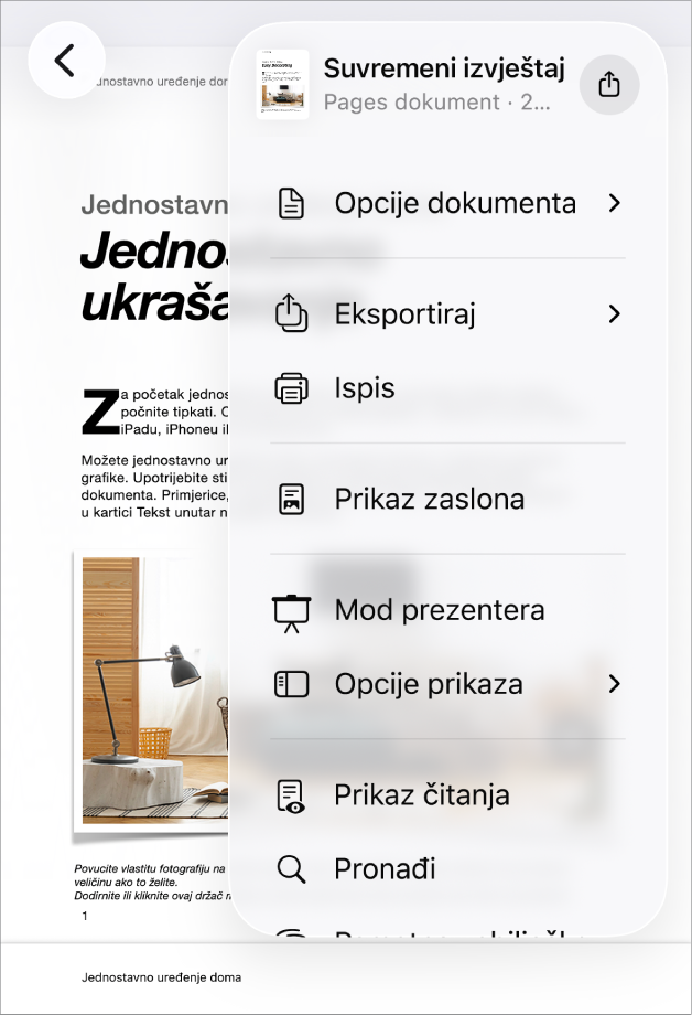 Pojavljuje se izbornik dijeljenja, s opcijama dijeljena pri vrhu te sljedećim opcijama u nastavku: Kopiraj, Eksportiraj i šalji, Ispiši, Nova brza bilješka, Dodaj oznake i Spremi u Datoteke.