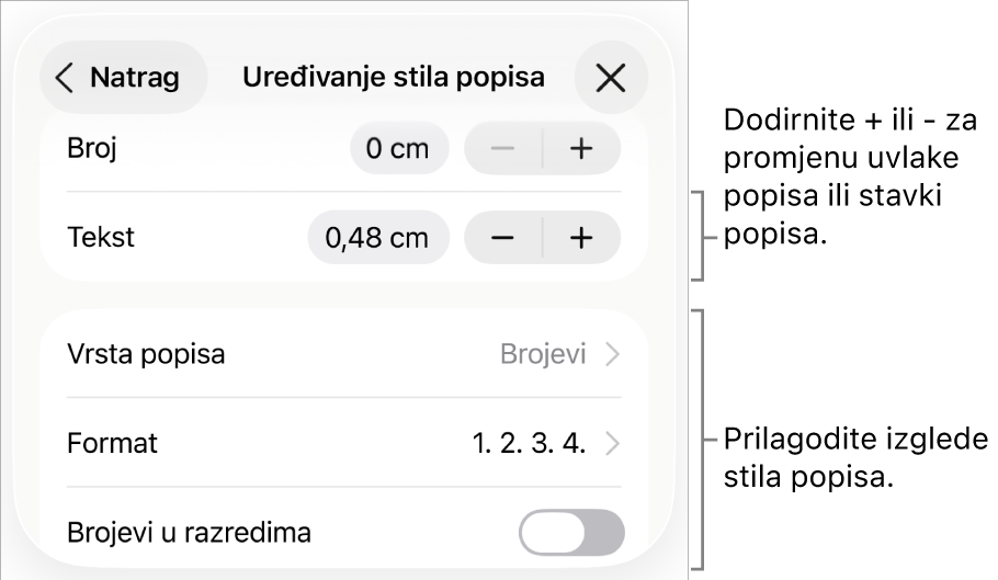 Uredite izbornik Stil popisa s kontrolama za uvučeni razmak, vrstu popisa i format, hijerarhiju brojeva i prored.