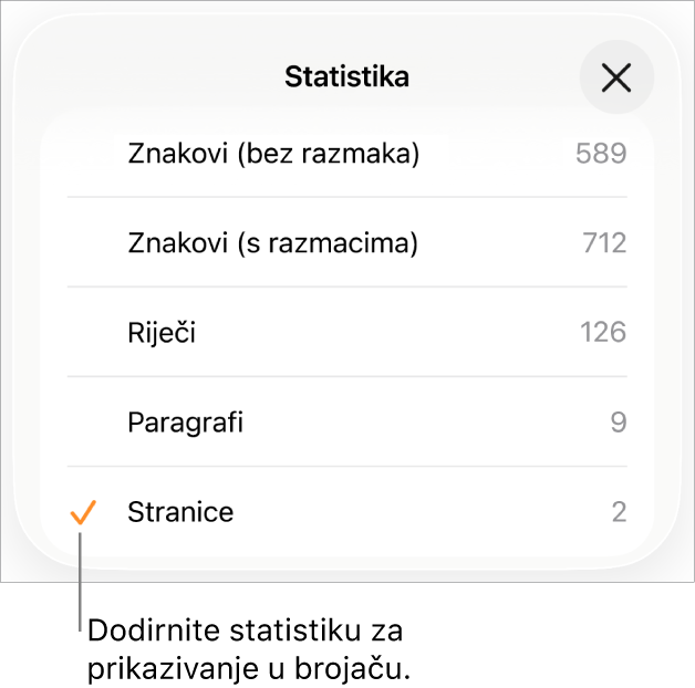 Izbornik Statistički podaci prikazuje opcije za prikaz broja znakova bez razmaka i s razmacima, broj riječi, broj paragrafa i broj stranica.