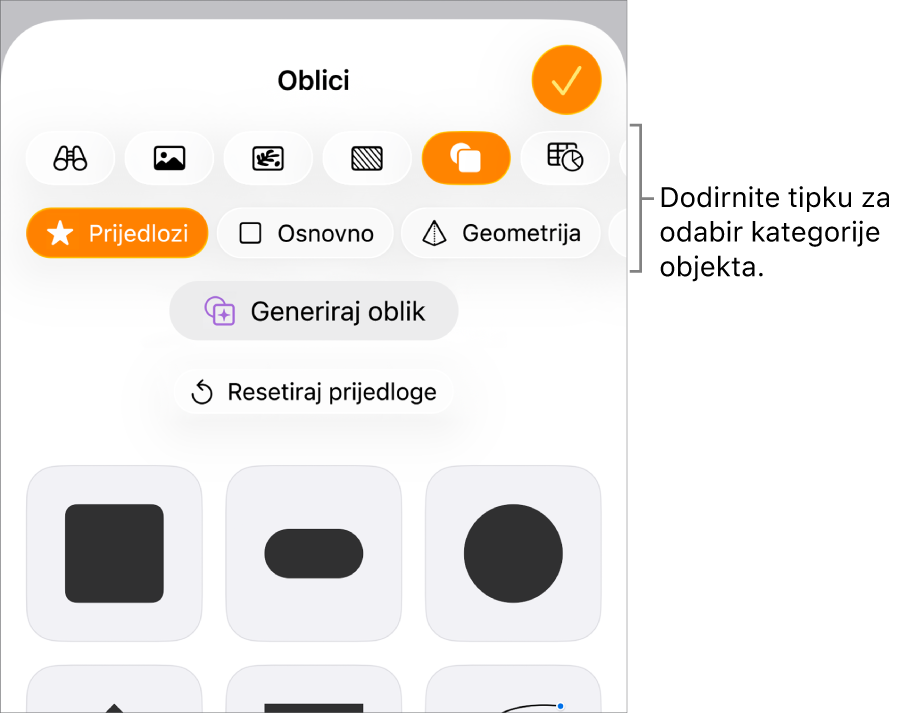 Kontrole za dodavanje objekta, s tipkama na vrhu za odabir tablica, grafikona i oblika (uključujući linije i tekstualne okvire) i medija.