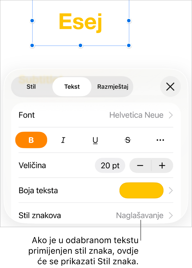 Kontrole za formatiranje teksta sa Stilom znaka ispod Kontrola boja. Stil znaka Bez javlja se s asteriskom.