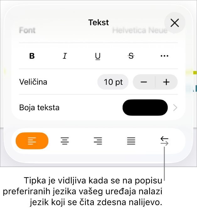 Kontrole teksta na izborniku Formatiraj s oblačićem koji pokazuje na tipku S desna na lijevo.