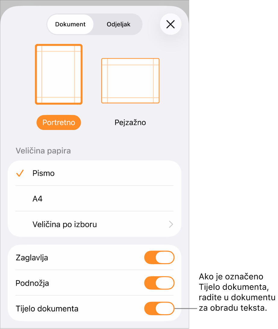 Podešenje dokumenta otvoreno s označenom opcijom Tijelo dokumenta u dokumentu za obradu teksta.