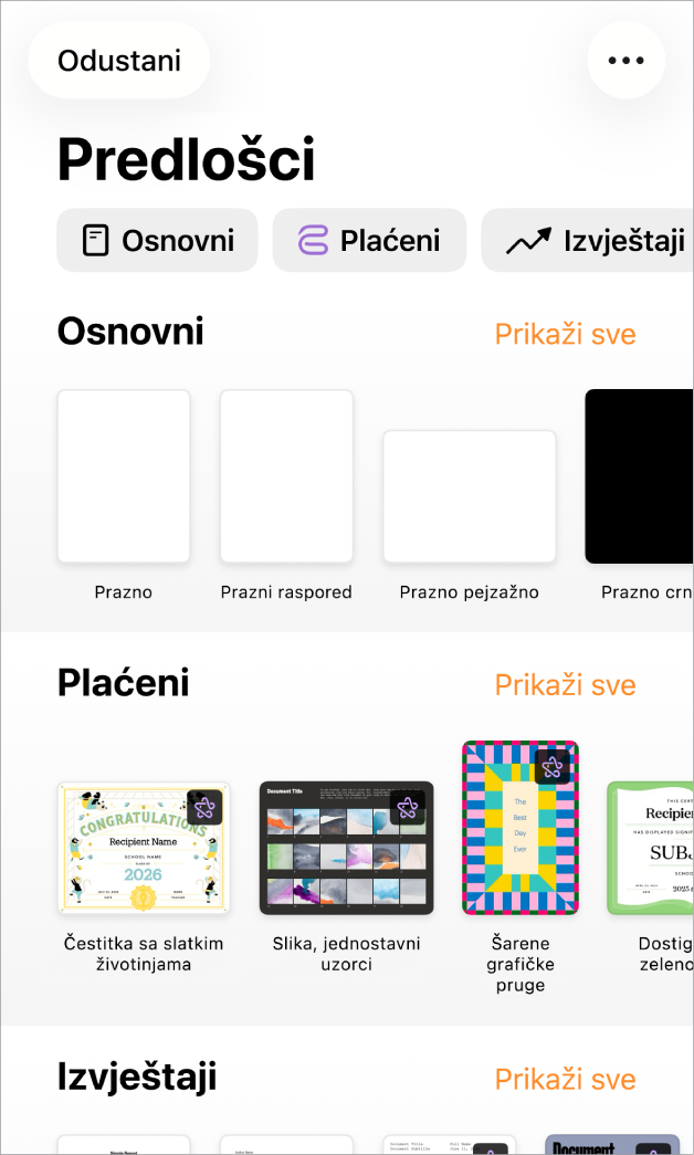 Izbornik predložaka s prikazom retka kategorija preko vrha na koje možete dodirnuti za filtriranje opcija. Ispod su minijature postojećih predložaka organizirane u recima prema kategoriji počevši s kategorijom Novo pri vrhu, a zatim slijede kategorije Nedavne stavke i Osnovno. Tipka Prikaži sve pojavljuje se poviše s desne strane svakog retka kategorije. Tipka za jezik i regiju nalazi se u gornjem desnom kutu.