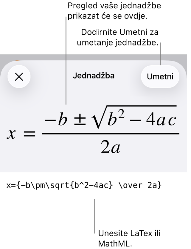 Dijaloški okvir Jednadžba koji prikazuje jednadžbu napisanu korištenjem MathML naredbi i prikaz gornje formule.