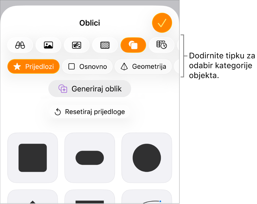 Kontrole opcije Umetni otvorene s tipkama za dodavanje tablica, grafikona, teksta, oblika i medija.